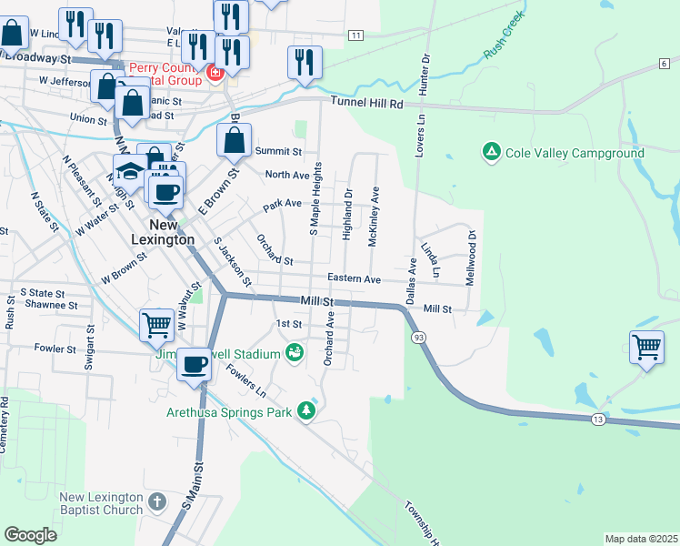 map of restaurants, bars, coffee shops, grocery stores, and more near 505 Eastern Avenue in New Lexington
