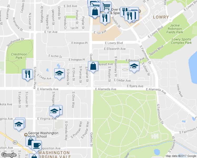 map of restaurants, bars, coffee shops, grocery stores, and more near 7337 East Cedar Avenue in Denver