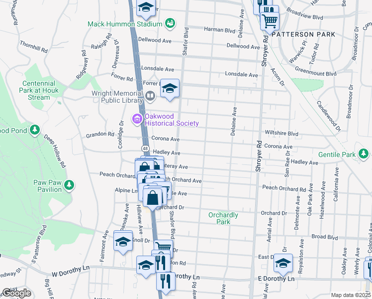 map of restaurants, bars, coffee shops, grocery stores, and more near 217 East Hadley Avenue in Dayton
