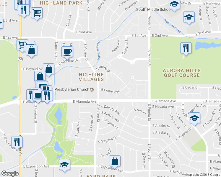 map of restaurants, bars, coffee shops, grocery stores, and more near 11591 East Cedar Avenue in Aurora