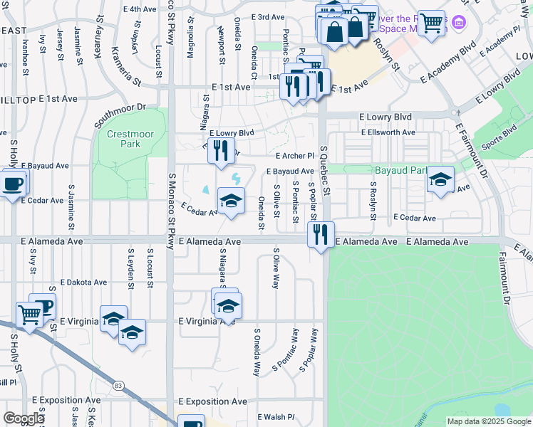 map of restaurants, bars, coffee shops, grocery stores, and more near 200 South Oneida Street in Denver