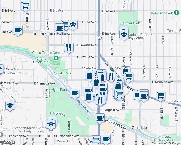 map of restaurants, bars, coffee shops, grocery stores, and more near 250 South Jackson Street in Denver