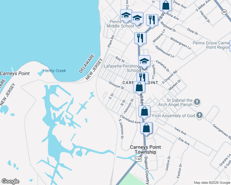 map of restaurants, bars, coffee shops, grocery stores, and more near 271 E Street in Carneys Point Township