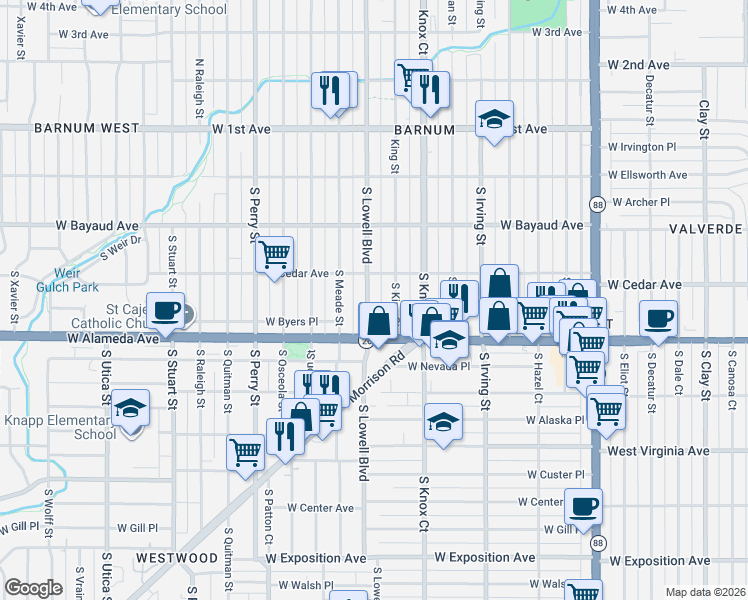 map of restaurants, bars, coffee shops, grocery stores, and more near 232 South Lowell Boulevard in Denver