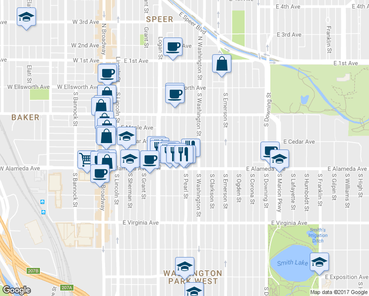map of restaurants, bars, coffee shops, grocery stores, and more near 225 South Pearl Street in Denver