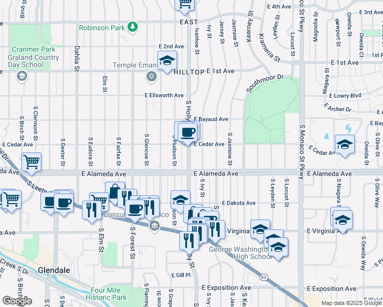 map of restaurants, bars, coffee shops, grocery stores, and more near 240 South Holly Street in Denver