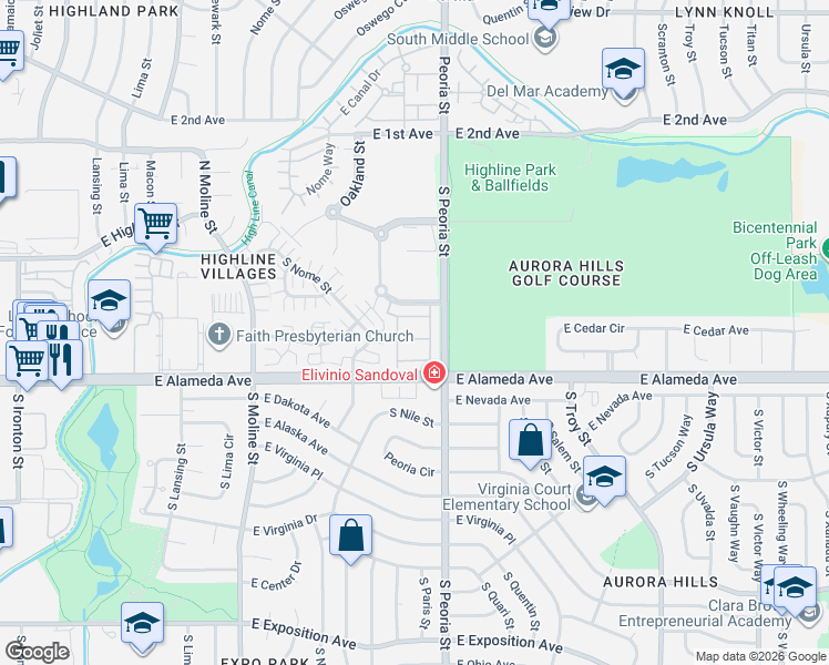 map of restaurants, bars, coffee shops, grocery stores, and more near 12040 East Maple Avenue in Aurora