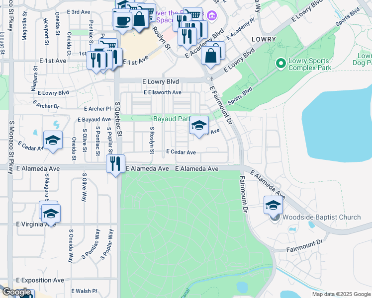 map of restaurants, bars, coffee shops, grocery stores, and more near 7801 East Cedar Avenue in Denver