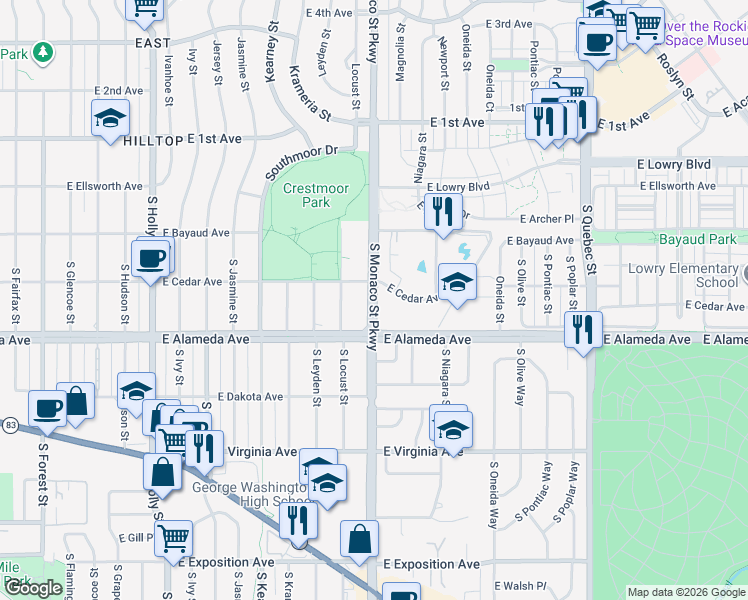map of restaurants, bars, coffee shops, grocery stores, and more near 240 South Monaco Parkway in Denver