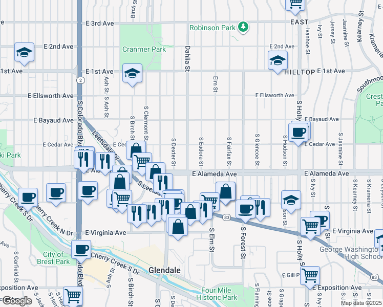 map of restaurants, bars, coffee shops, grocery stores, and more near 221 South Eudora Street in Denver