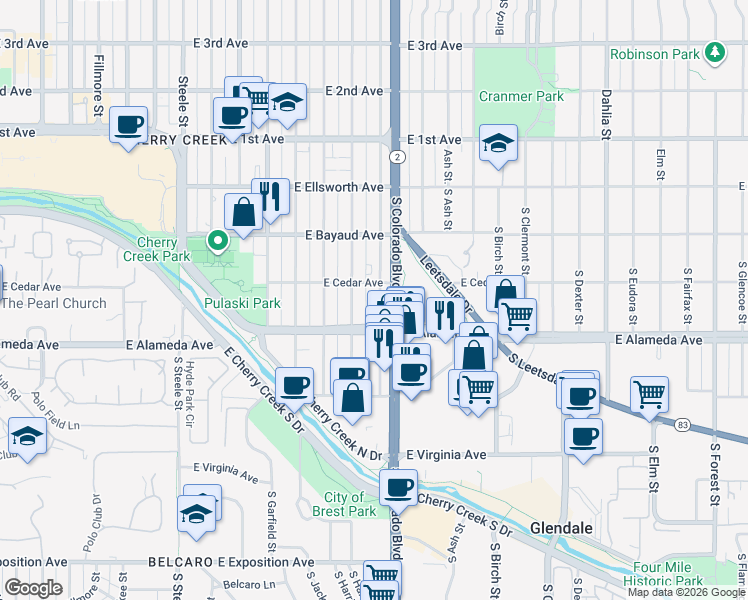 map of restaurants, bars, coffee shops, grocery stores, and more near 225 South Harrison Street in Denver