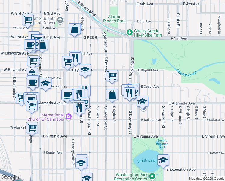 map of restaurants, bars, coffee shops, grocery stores, and more near 221 South Ogden Street in Denver
