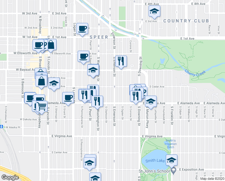 map of restaurants, bars, coffee shops, grocery stores, and more near 224 South Clarkson Street in Denver