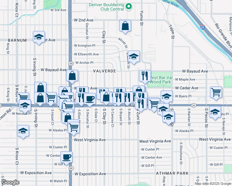 map of restaurants, bars, coffee shops, grocery stores, and more near 227 South Canosa Court in Denver