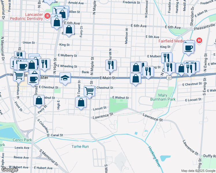 map of restaurants, bars, coffee shops, grocery stores, and more near 565 East Chestnut Street in Lancaster