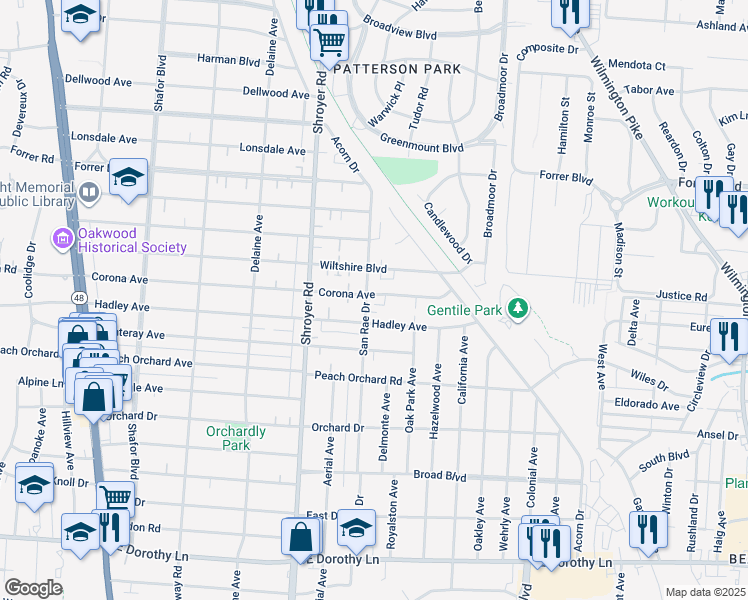 map of restaurants, bars, coffee shops, grocery stores, and more near 604 Corona Avenue in Dayton
