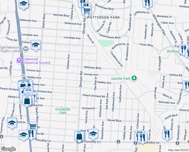map of restaurants, bars, coffee shops, grocery stores, and more near 604 Corona Avenue in Dayton