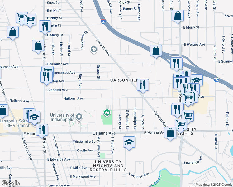 map of restaurants, bars, coffee shops, grocery stores, and more near 3755 South State Avenue in Indianapolis