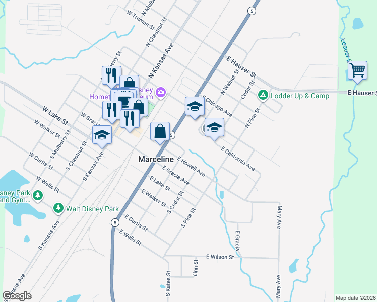 map of restaurants, bars, coffee shops, grocery stores, and more near in Marceline