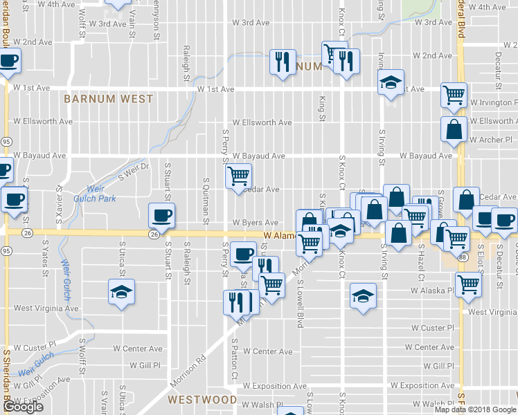 map of restaurants, bars, coffee shops, grocery stores, and more near 245 South Newton Street in Denver
