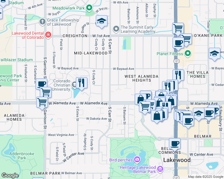 map of restaurants, bars, coffee shops, grocery stores, and more near 212 South Carr Street in Lakewood