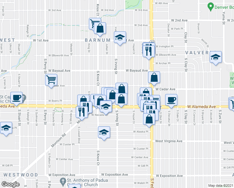map of restaurants, bars, coffee shops, grocery stores, and more near 238 South Irving Street in Denver
