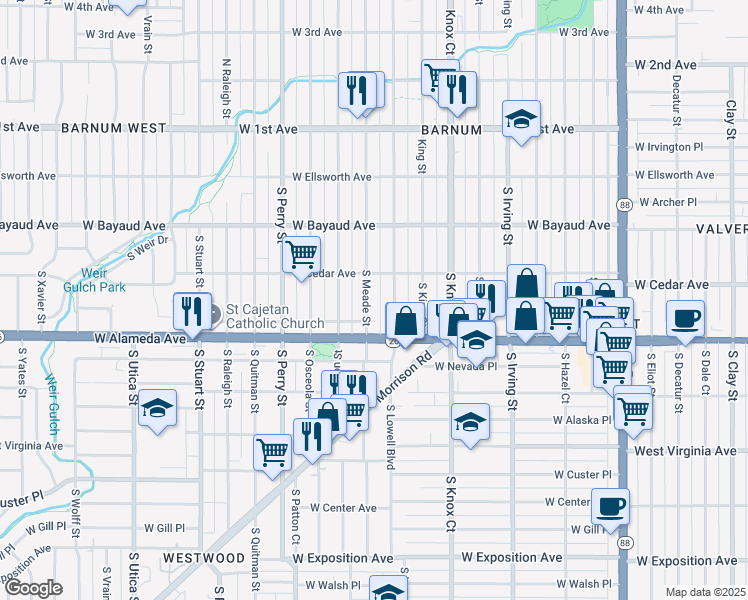 map of restaurants, bars, coffee shops, grocery stores, and more near 230 South Meade Street in Denver