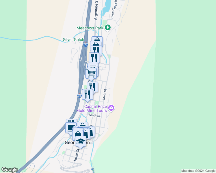 map of restaurants, bars, coffee shops, grocery stores, and more near 1300 Main Street in Georgetown