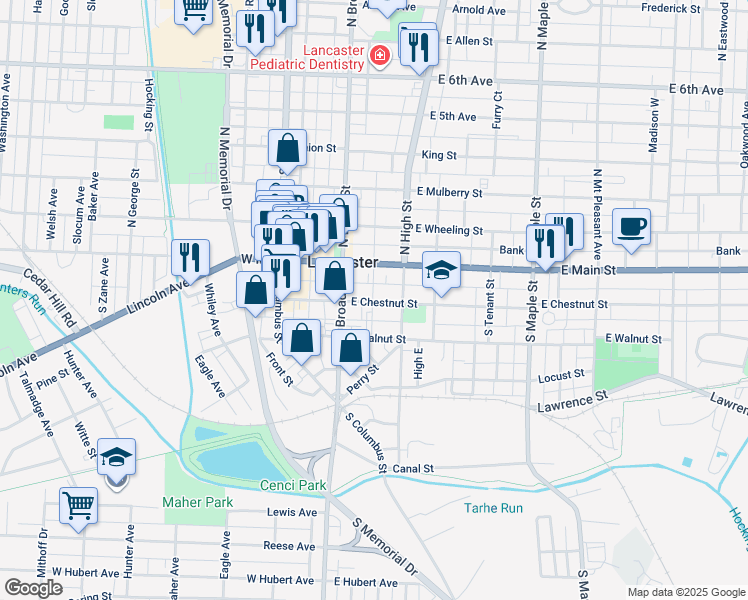 map of restaurants, bars, coffee shops, grocery stores, and more near 135 East Chestnut Street in Lancaster