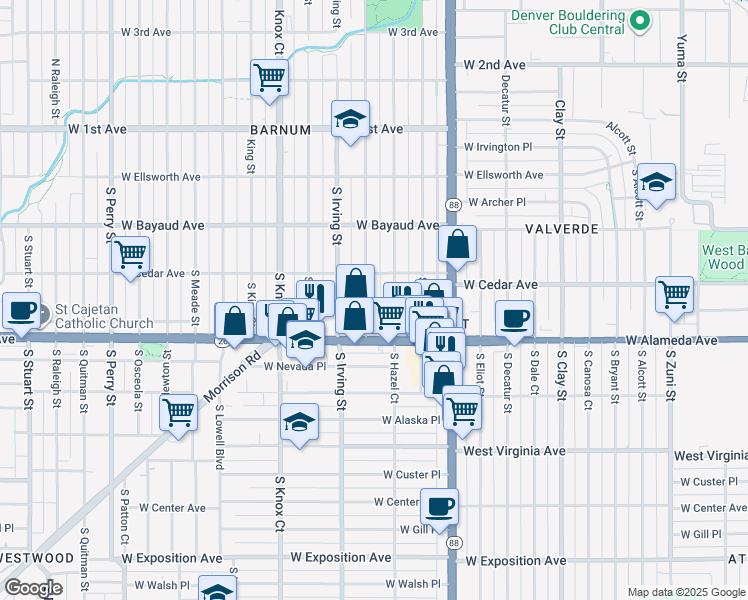map of restaurants, bars, coffee shops, grocery stores, and more near 230 South Hooker Street in Denver
