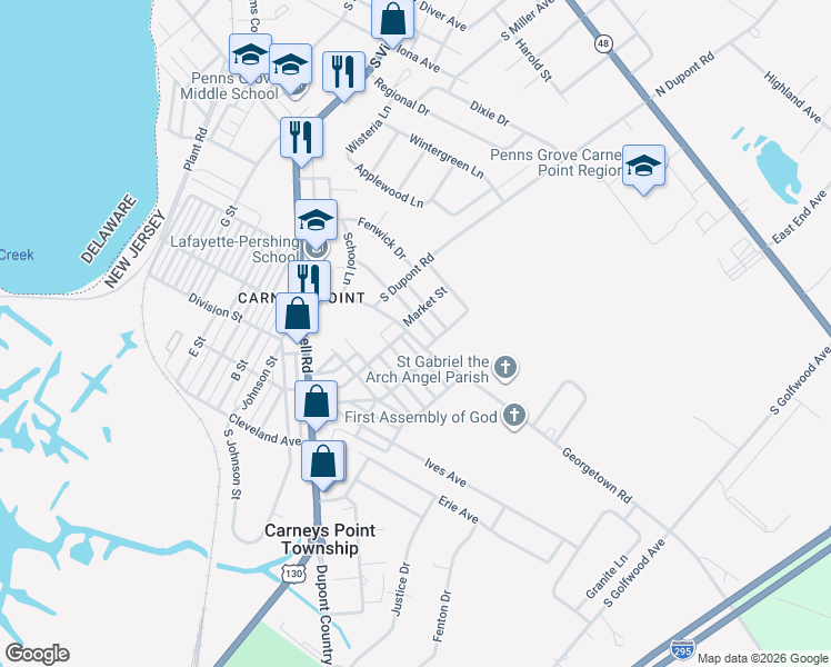 map of restaurants, bars, coffee shops, grocery stores, and more near 323 Georgetown Road in Carneys Point Township
