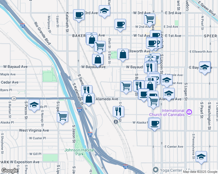map of restaurants, bars, coffee shops, grocery stores, and more near 221 South Cherokee Street in Denver