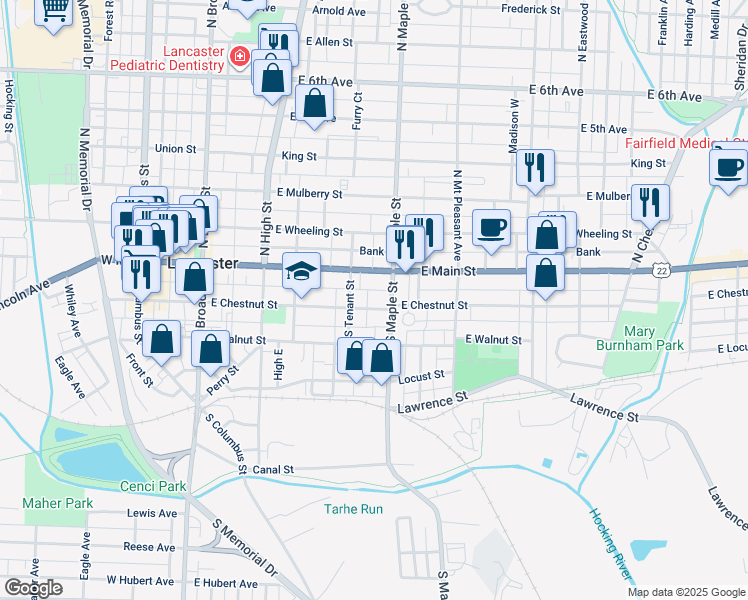 map of restaurants, bars, coffee shops, grocery stores, and more near 427 East Chestnut Street in Lancaster