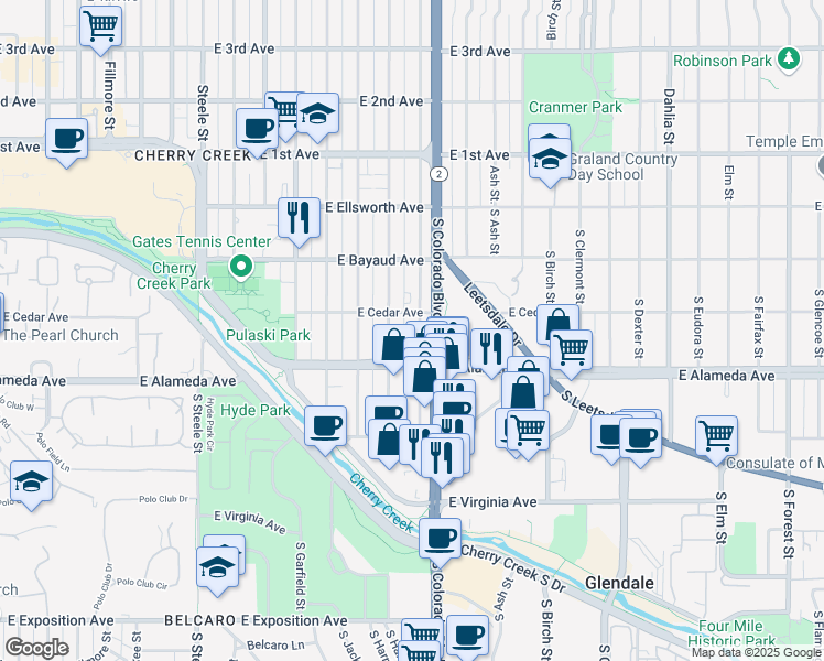 map of restaurants, bars, coffee shops, grocery stores, and more near 225 South Harrison Street in Denver