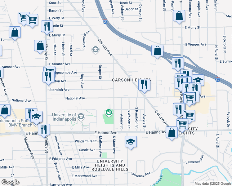 map of restaurants, bars, coffee shops, grocery stores, and more near 3765 South State Avenue in Indianapolis