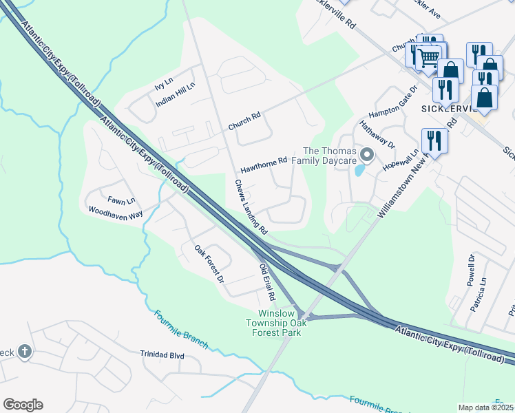 map of restaurants, bars, coffee shops, grocery stores, and more near 36 Hawthorne Road in Winslow Township