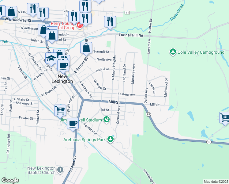 map of restaurants, bars, coffee shops, grocery stores, and more near 403 Eastern Avenue in New Lexington