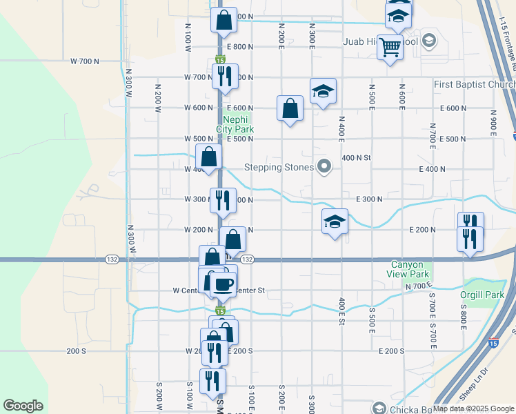 map of restaurants, bars, coffee shops, grocery stores, and more near 280 North 100 West in Nephi