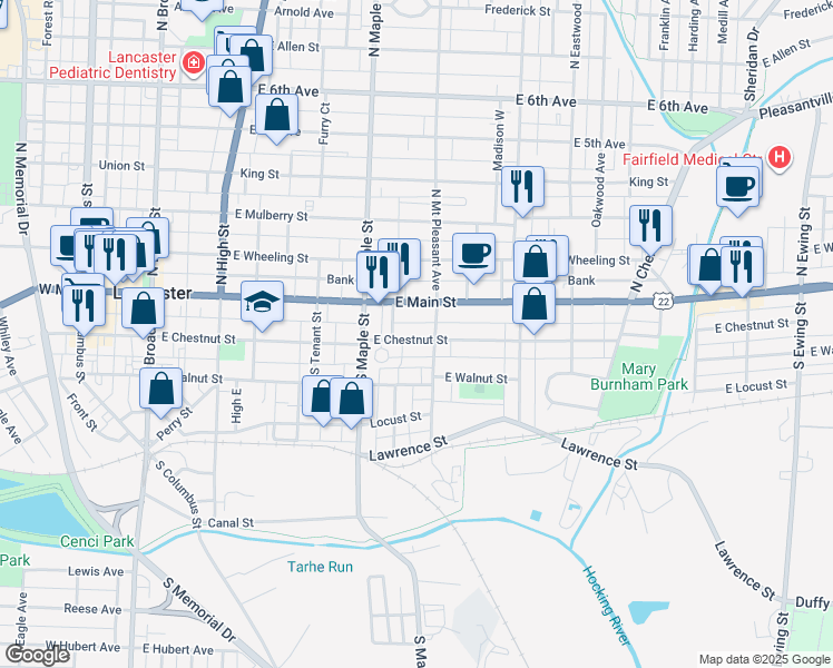 map of restaurants, bars, coffee shops, grocery stores, and more near 565 East Chestnut Street in Lancaster
