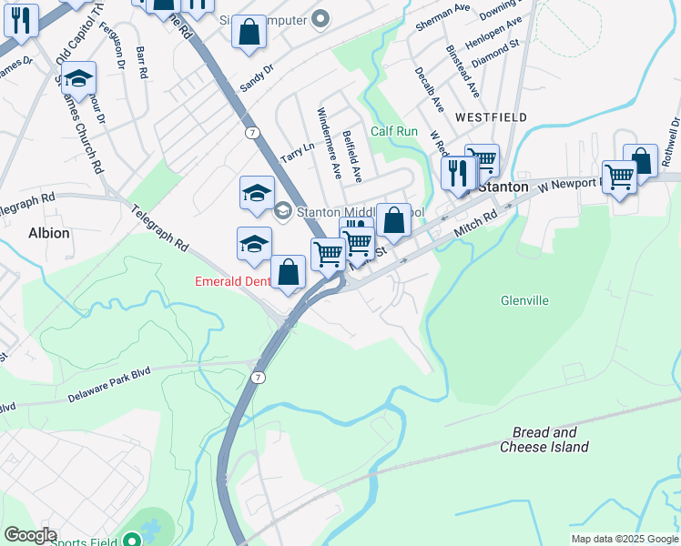 map of restaurants, bars, coffee shops, grocery stores, and more near Delaware 7 & Delaware 4 in Wilmington
