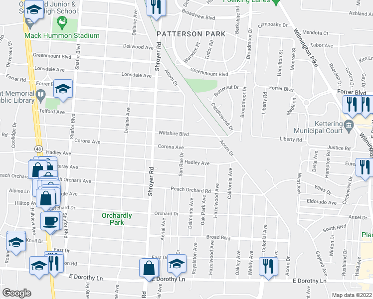 map of restaurants, bars, coffee shops, grocery stores, and more near 608 Corona Avenue in Dayton