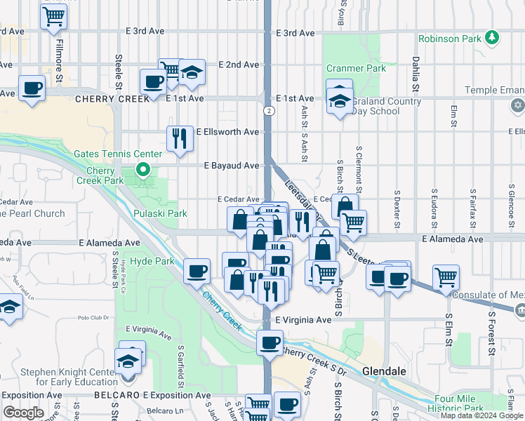 map of restaurants, bars, coffee shops, grocery stores, and more near 251 South Colorado Boulevard in Denver
