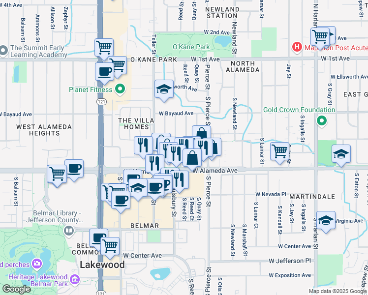 map of restaurants, bars, coffee shops, grocery stores, and more near 6990 South Reed Court in Lakewood