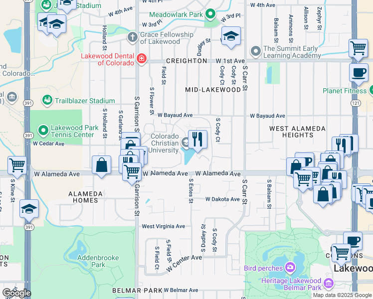 map of restaurants, bars, coffee shops, grocery stores, and more near 8787 West Alameda Avenue in Lakewood