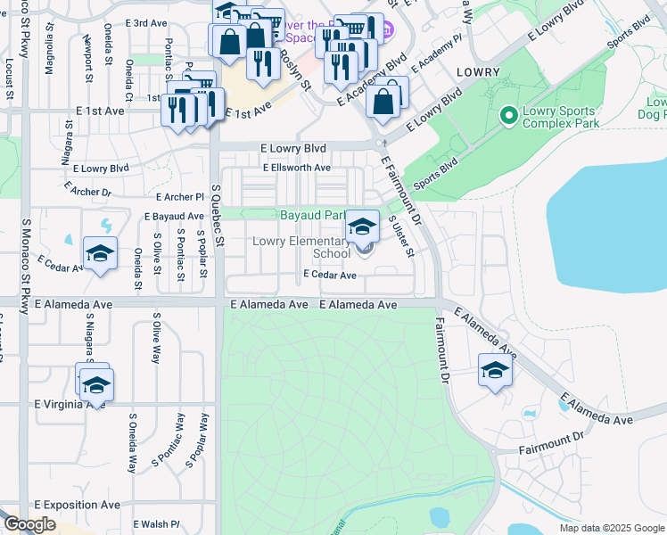 map of restaurants, bars, coffee shops, grocery stores, and more near 7801 East Cedar Avenue in Denver