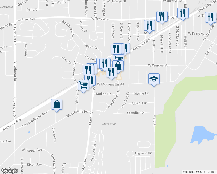 map of restaurants, bars, coffee shops, grocery stores, and more near 4317 West Mooresville Road in Indianapolis