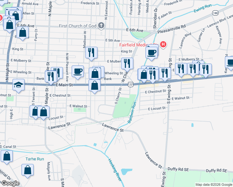 map of restaurants, bars, coffee shops, grocery stores, and more near 127 South Cherry Street in Lancaster