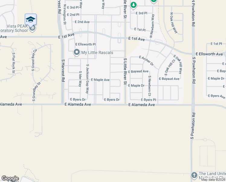 map of restaurants, bars, coffee shops, grocery stores, and more near 25541 East Cedar Place in Aurora