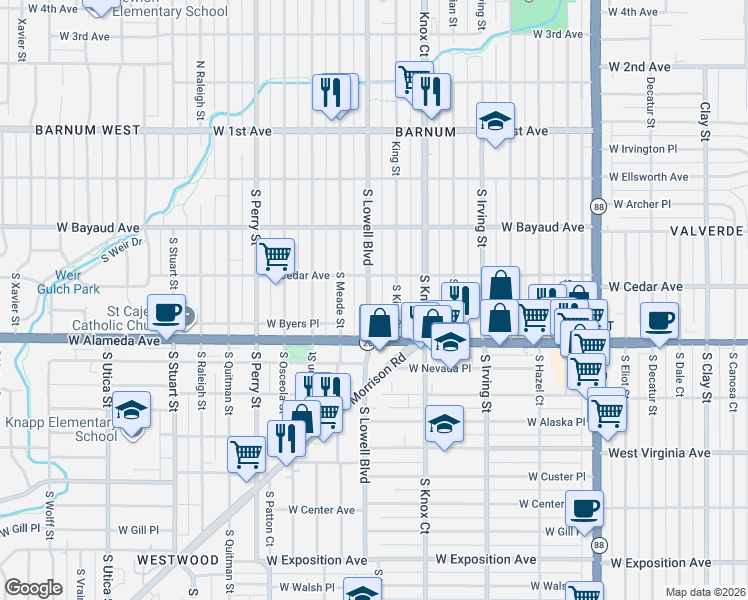 map of restaurants, bars, coffee shops, grocery stores, and more near 232 South Lowell Boulevard in Denver