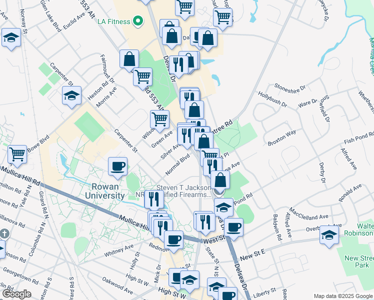 map of restaurants, bars, coffee shops, grocery stores, and more near 405 North Main Street in Glassboro